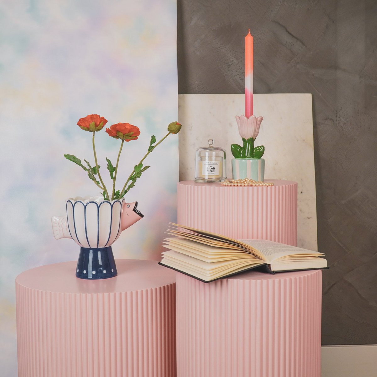Vaas Visdolomiet Blauw/Wit/Roze 21X13.5X18CM