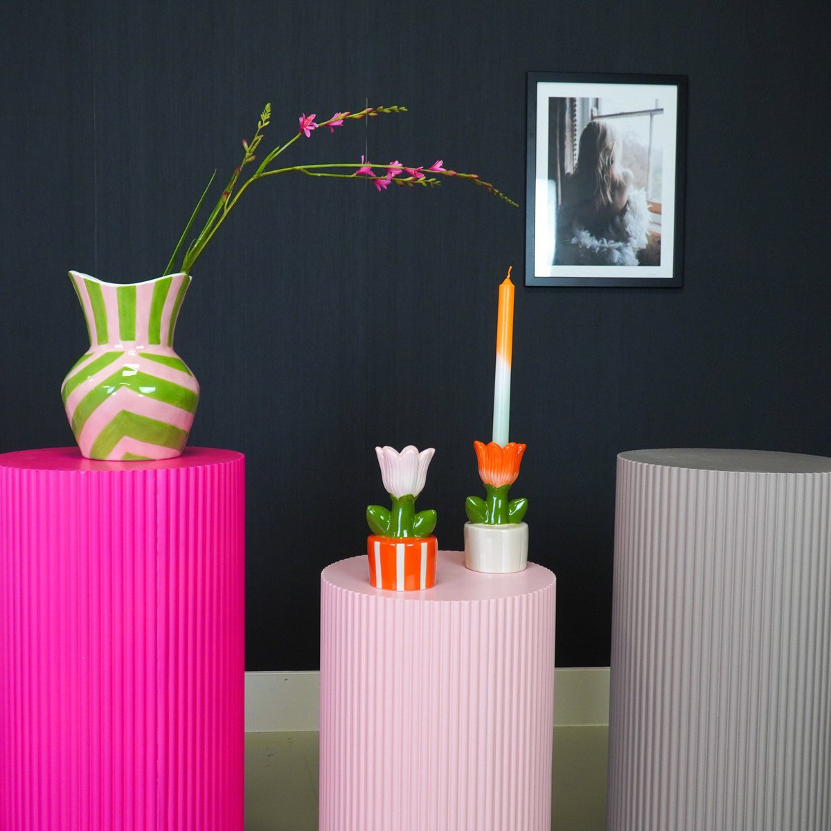 Kandelaar Tulp oranje/roze 9x8,5x17,5 cm