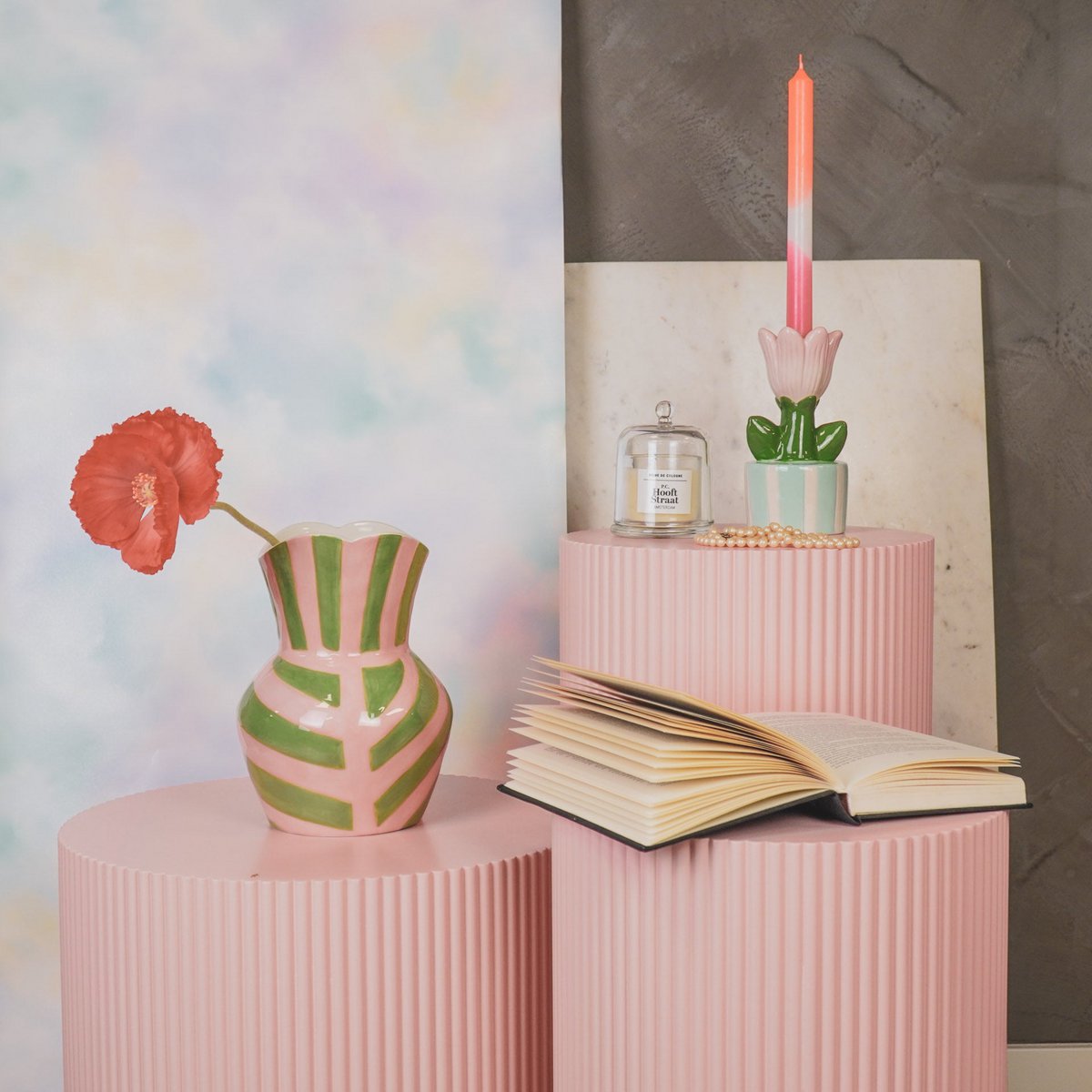 Vaas Gestreept groen/ roze 16x16x22cm