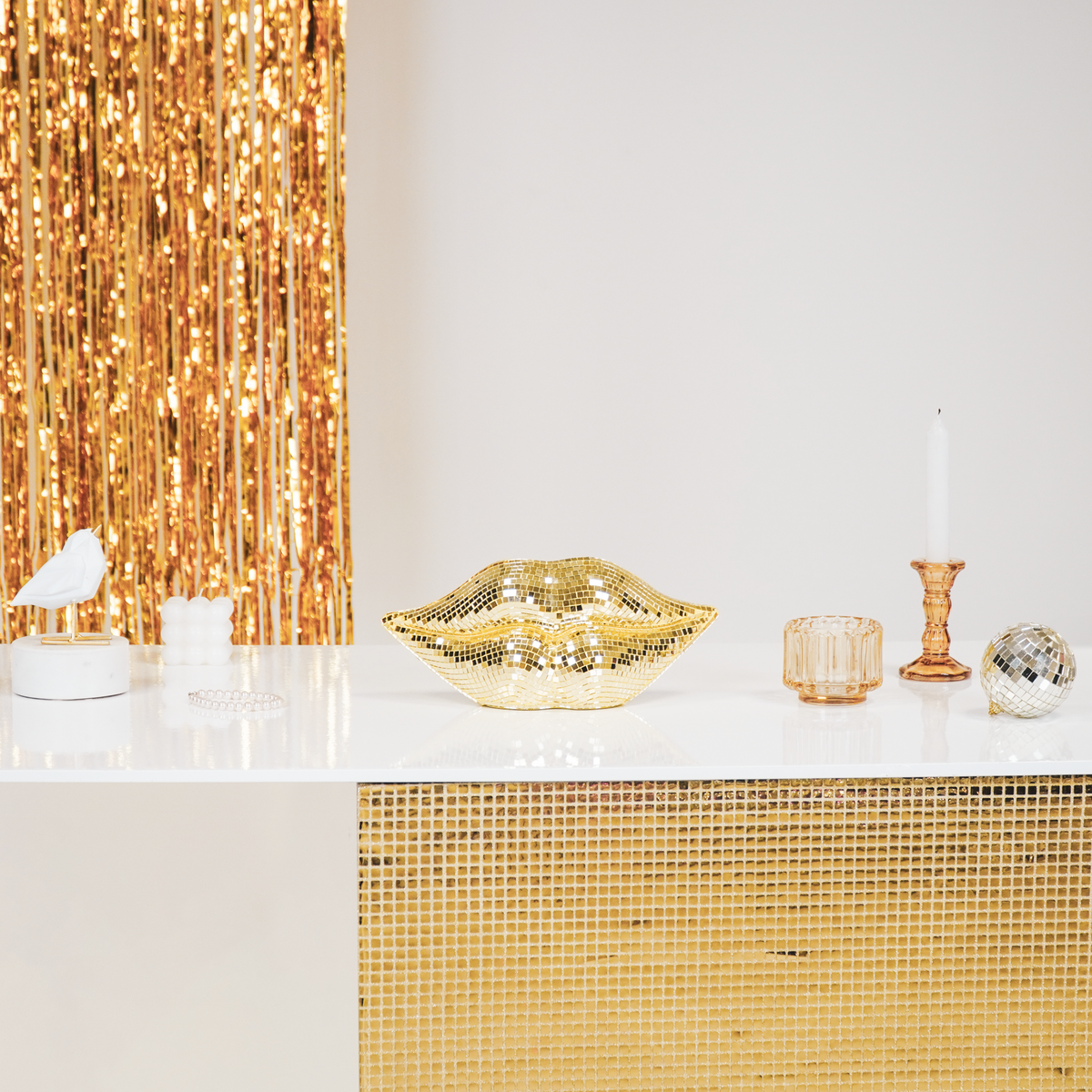 Ornament disco lippen glas goud 29x10x13,5 cm