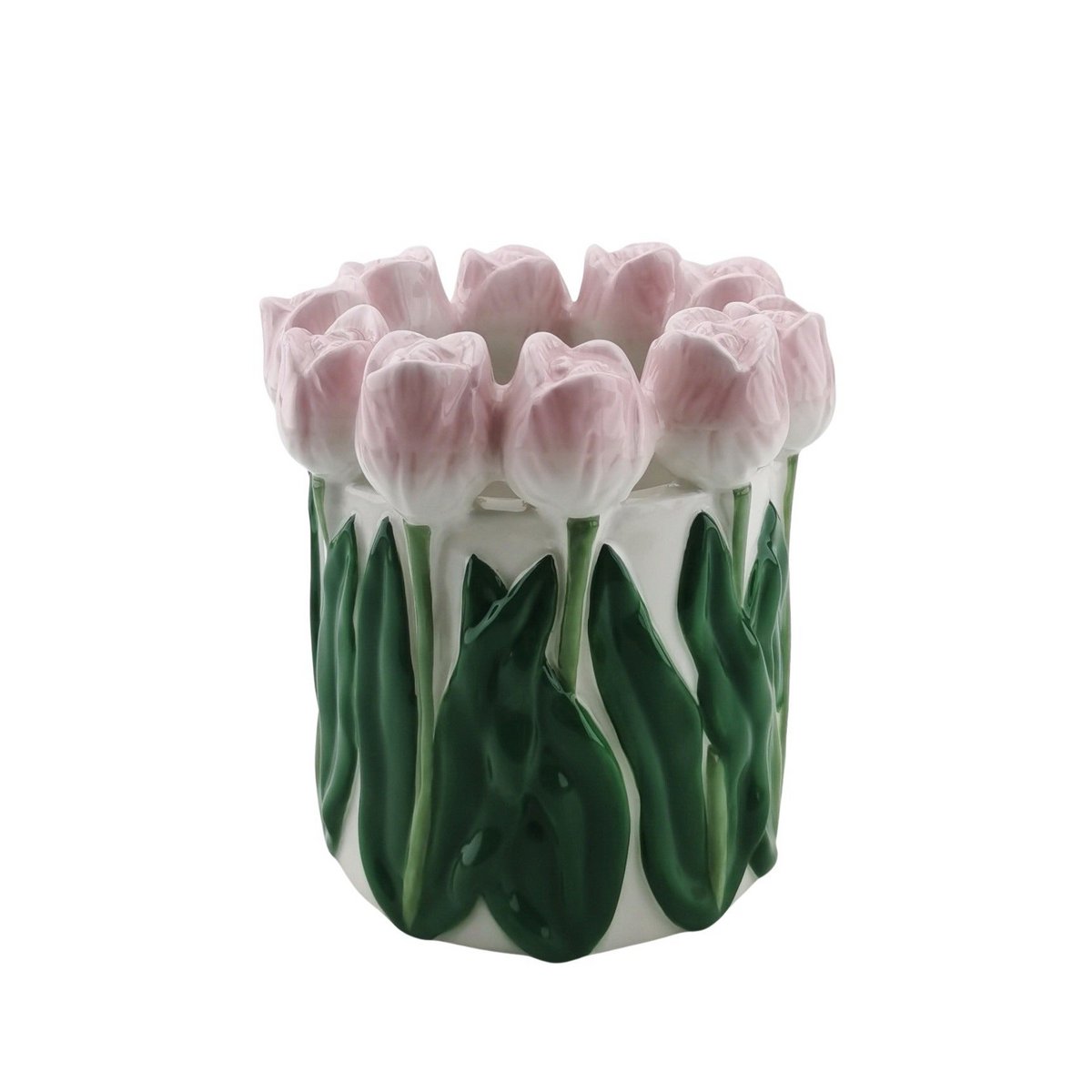Vaas Tulpen Dolomiet lichtroze/ groen 15x15x14cm
