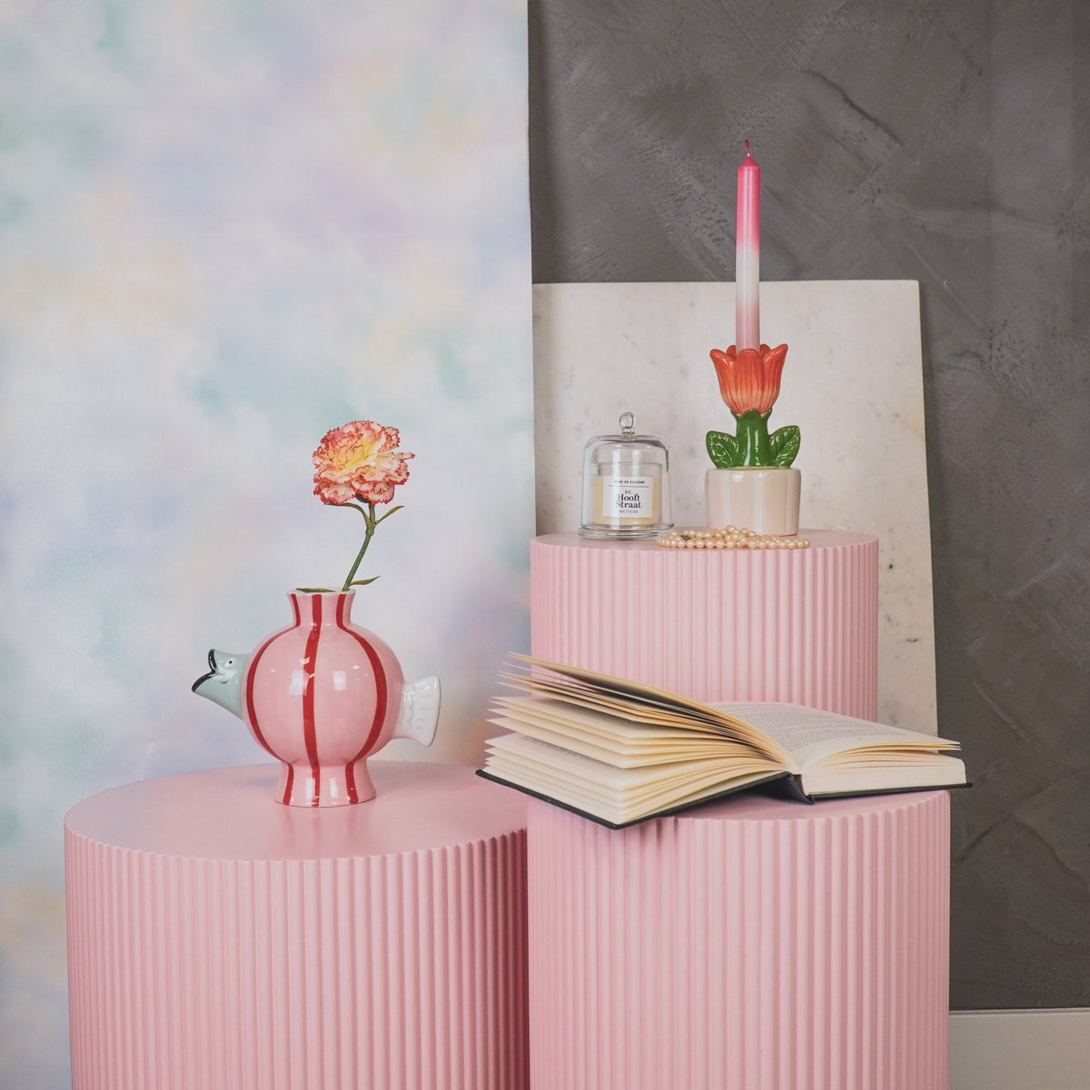 Vaas Vis -Dolomite Roze/Mint/Rood 21.5x13x17cm