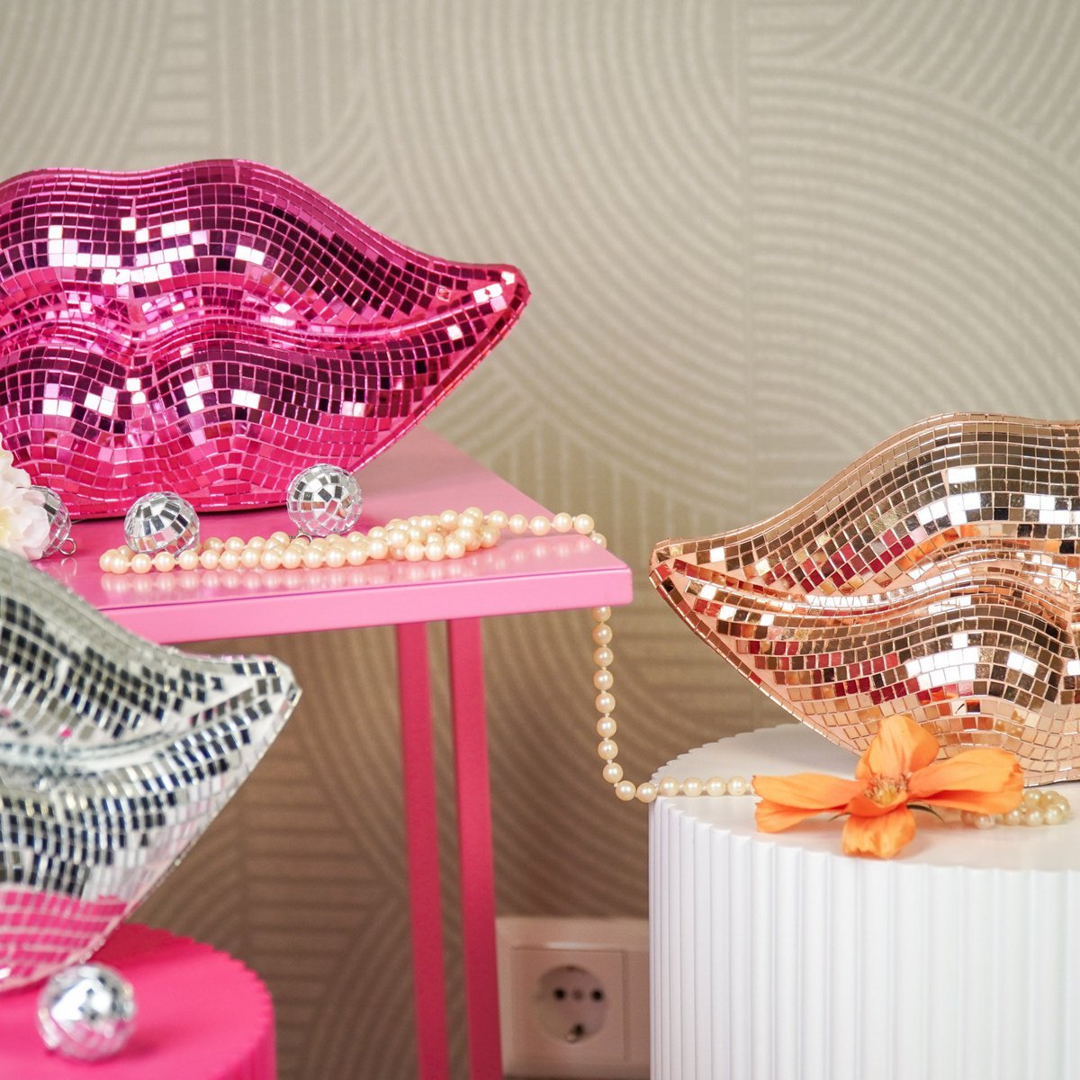 Ornament Disco Lip Glas Roségoud 29x10x13,5 cm