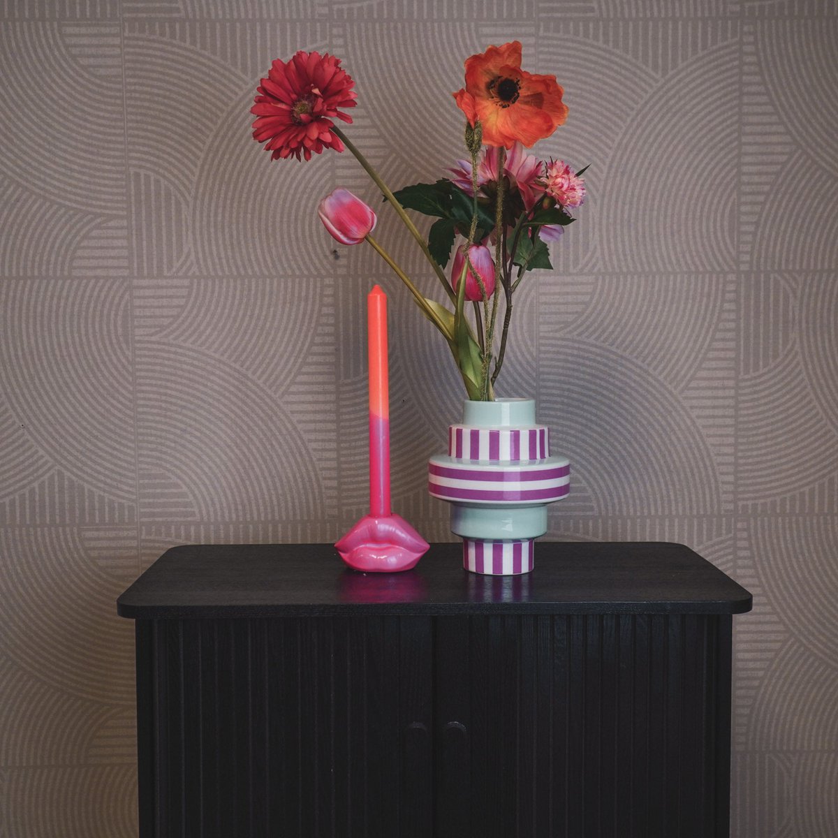 Vaas Streep Keramiek Groen/ Roze 14,5x14,5x18cm