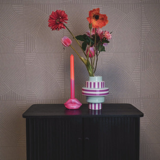 Vaas Streep Keramiek Groen/ Roze 14,5x14,5x18cm