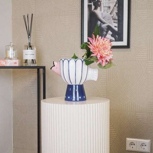 Vaas Visdolomiet Blauw/Wit/Roze 21X13.5X18CM