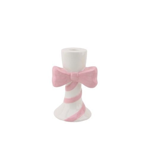 Kaarsenhouder Strepen met boog Wit/Roze 9x8x14cm