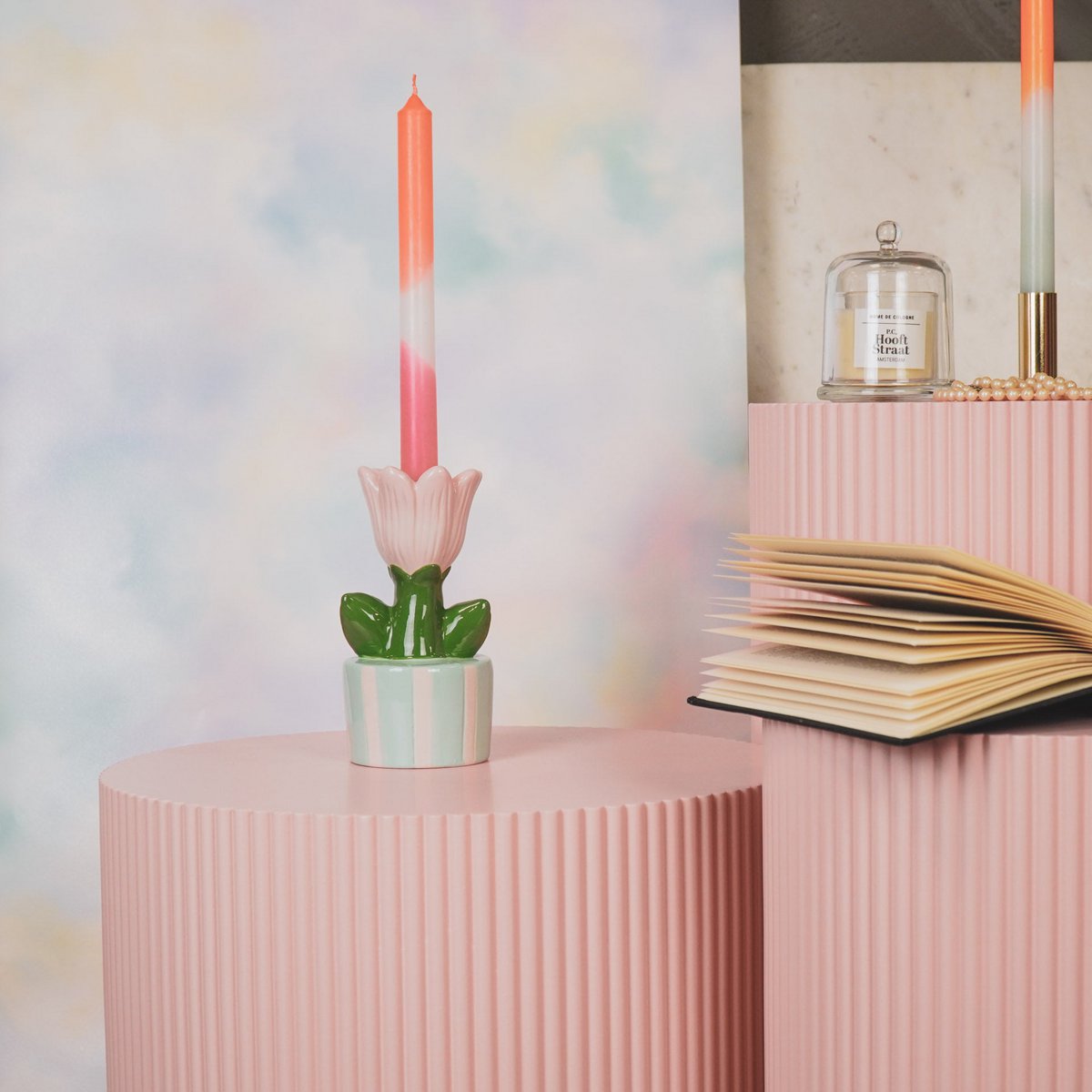 Kandelaar Tulp munt/roze 9x8,5x17,5