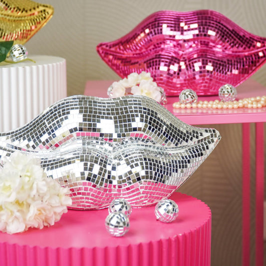 Ornament disco lips glas roze 29x10x13,5 cm