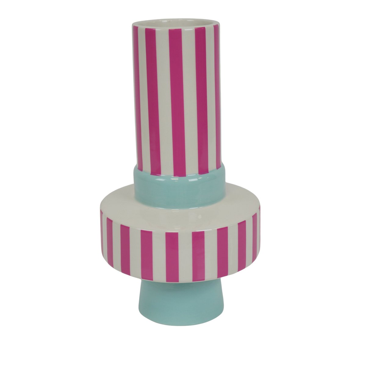 Vaas Streep Keramiek Mintgroen/Neon Roze 14x14x26 cm
