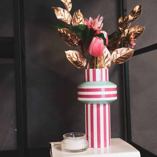 Vaas Streep Keramiek Mintgroen/Neon Roze 13x13x25cm