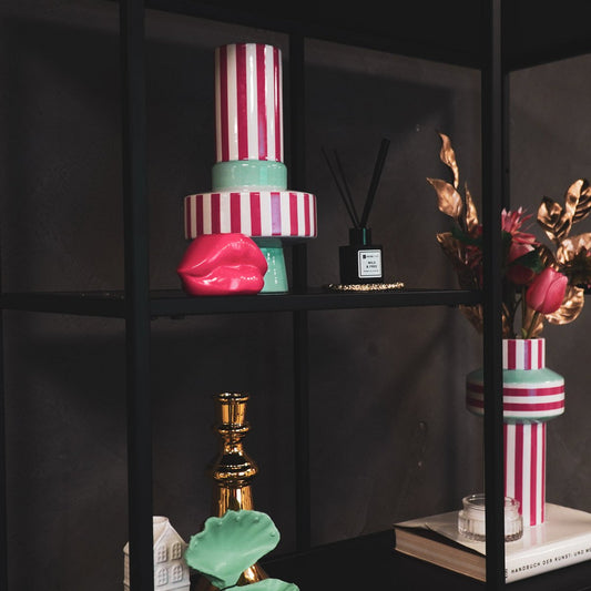 Vaas Streep Keramiek Mintgroen/Neon Roze 14x14x26 cm
